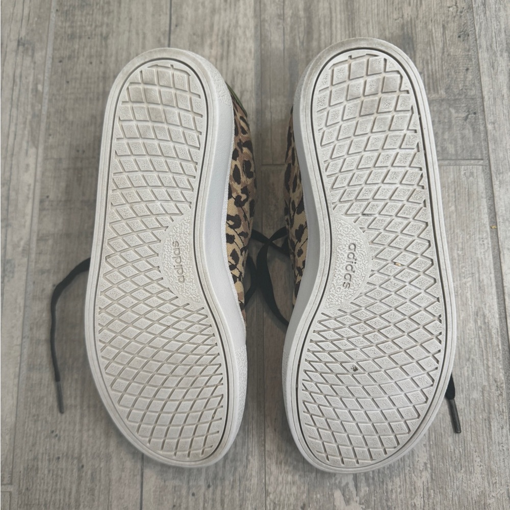 Leopard print adidas shoes with green leather details and pink writing. - Picture 3 of 7